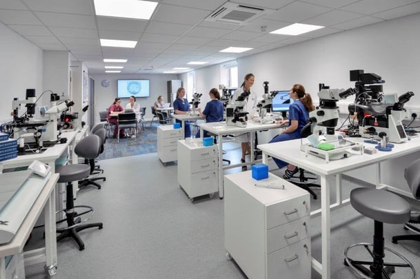 The LJMU and Care Fertility MSc in Clinical Embryology cohort undertaking practical laboratory training within Care Fertility’s clinical environment.