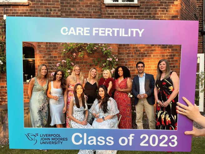 The LJMU and Care Fertility MSc in Clinical Embryology students graduating in 2023 and celebrating their achievements and the courses end.