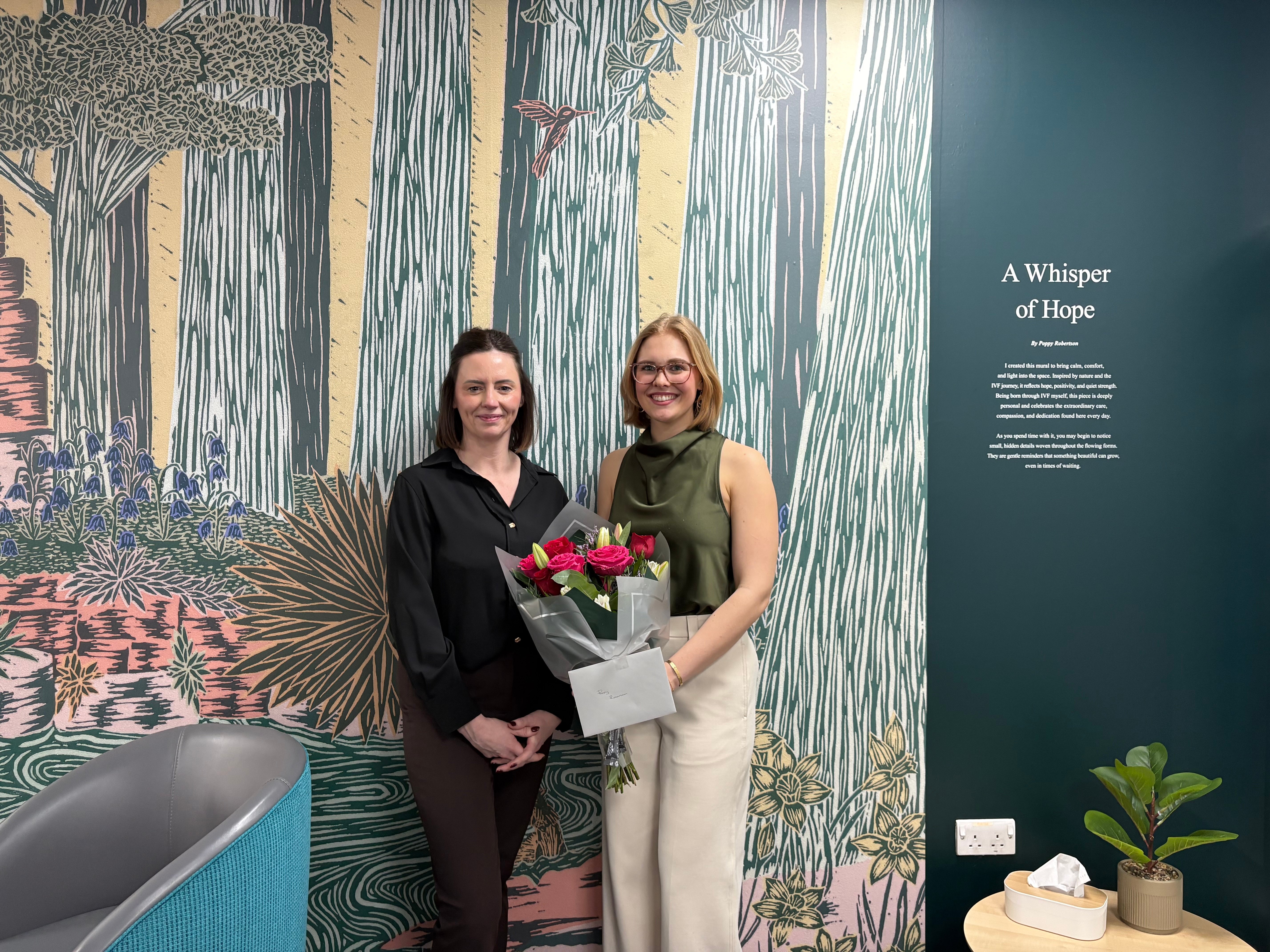 Emma Di Pierri, Nottingham Clinic Director, pictured with NTU Graphic Design student Poppy Robertson at our Nottingham fertility clinic.